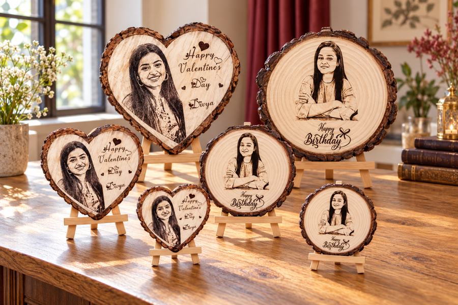 All six heart and round engraved wooden tabletop gifts in a styled setting